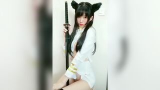 Asian Samurai Cosplay Girl Cover Pussy With Sword And Tease Feet Leaked Video