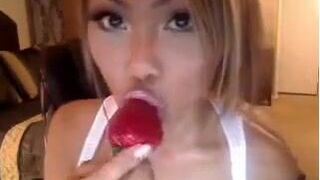 Sincityvee Gets Creams On Her Nipple And Lick Them With a Straw Berry Cam Video