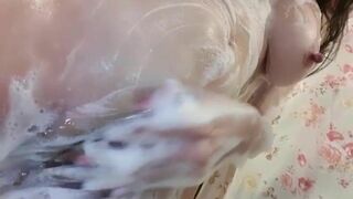 Asian Sexy Busty Girl Teasing Her Soaped Pussy While Showering Video