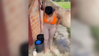 Busty Babe Flashing Her Big Tits While Washing a Horse Video