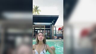 Beautiful Amateur Asian Babe With White Bra At The Swimpool Cam Video