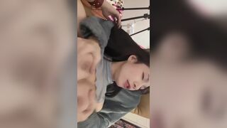 Horny Asian Guy Rubbing Her Gorgeous Girl Friend's Curvy Tits While Smoking
