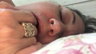 Milf Licking Fingers Like a Slut and Showing tits  Closeup Cam Leaked Video