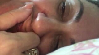 Milf Licking Fingers Like a Slut and Showing tits  Closeup Cam Leaked Video