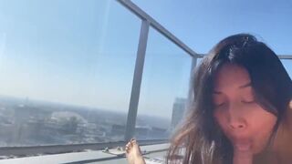 Sexy Big Titty Mixed Asian Beauty Sucking Dick Overlooking The City And Let The Guy Cum In Her Mouth