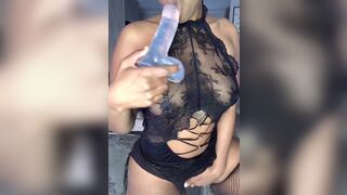 Thickmamitee Ebony Big Booty Slut Sucking Dildo And Fucking It Video