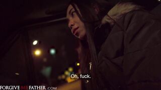 Big ass Asian hitchhiker blowjob and hard fuck in van after public pick up